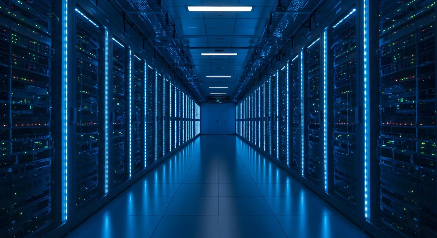 Blue-lit web hosting server room